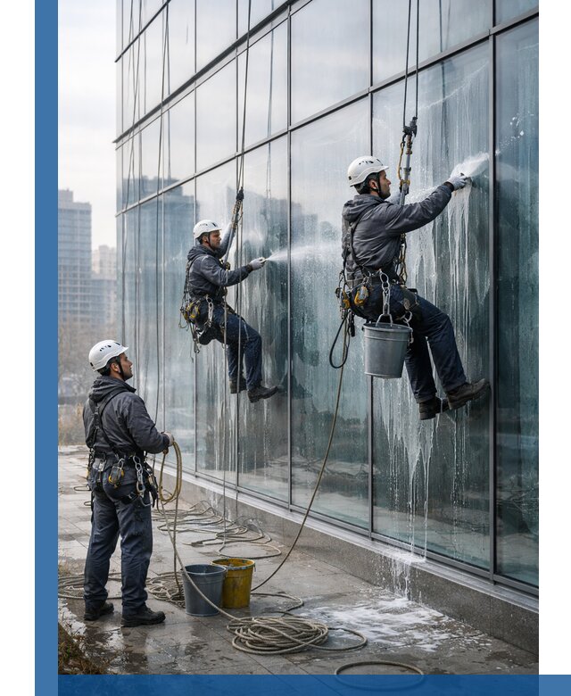 Промышленная мойка панорамных окон на высоте в Карабулаке