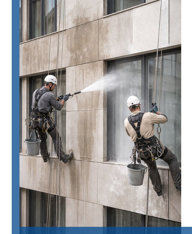 Послестроительная мойка фасада промышленным альпинизмом в Карабулаке