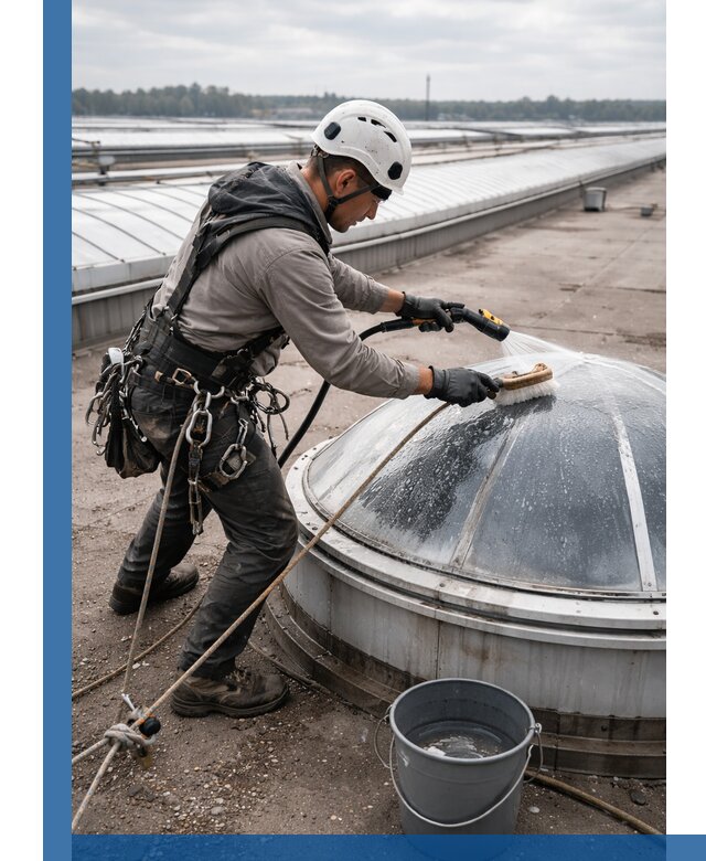 Мойка зенитных фонарей на кровле для промышленных объектов в Карабулаке