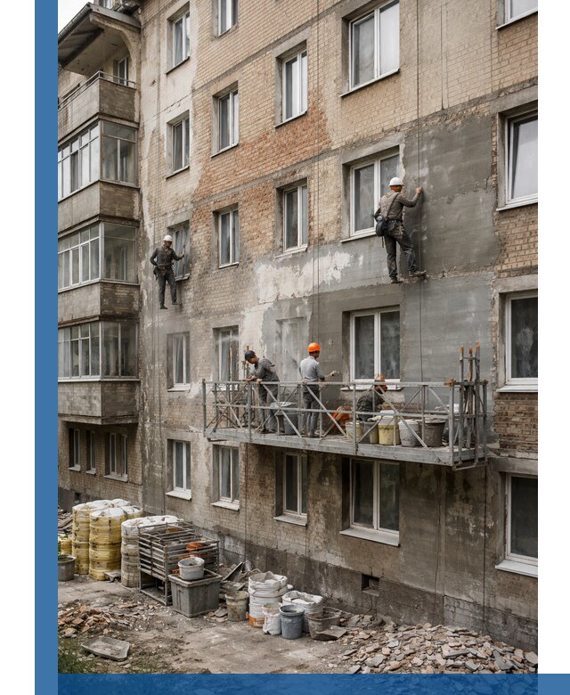 Капитальный ремонт фасада в Карабулаке с восстановлением и гидроизоляцией