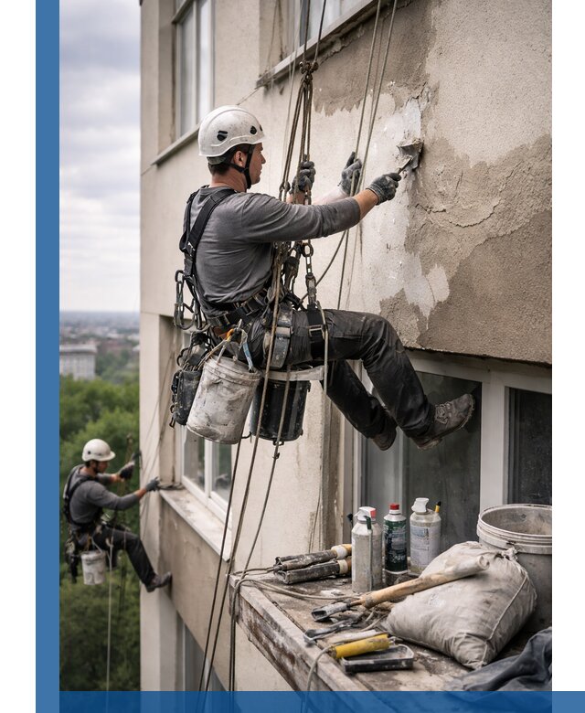 Косметический ремонт фасада зданий в Карабулаке промышленными альпинистами