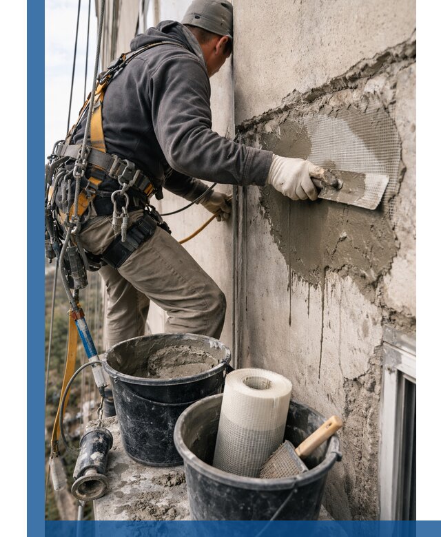 Ремонт бетонных элементов фасада промышленными альпинистами в Карабулаке