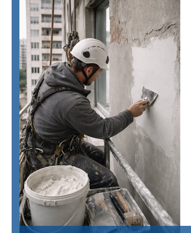 Шпаклевка фасадов на высоте с промальпинистами в Карабулаке