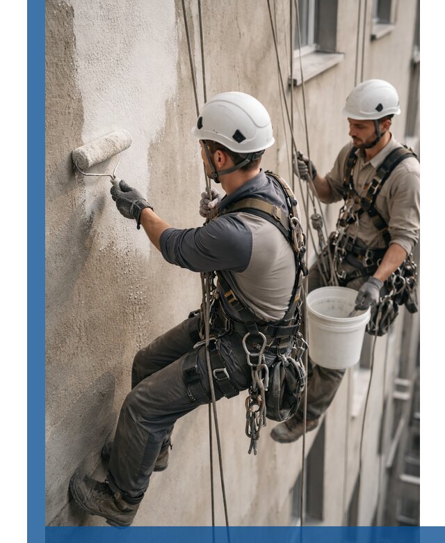 Грунтовка фасада на высоте в Карабулаке промышленными альпинистами