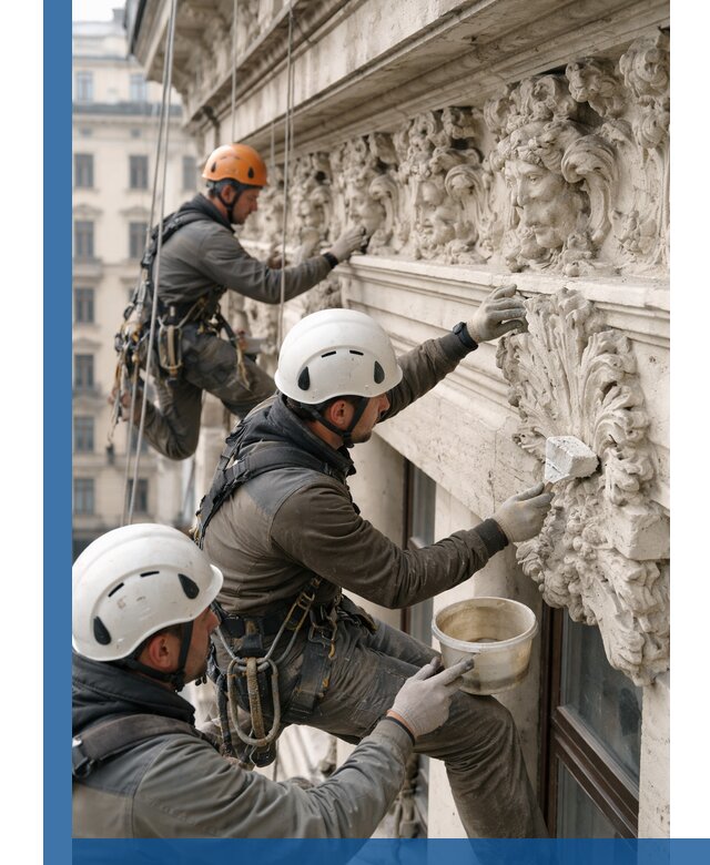 Реставрация фасадной лепнины с высотными работами в Карабулаке