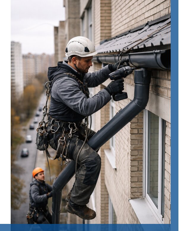 Монтаж водосточной системы на здании в Карабулаке от 5165 р. | ВЫСОТНИК-Крб