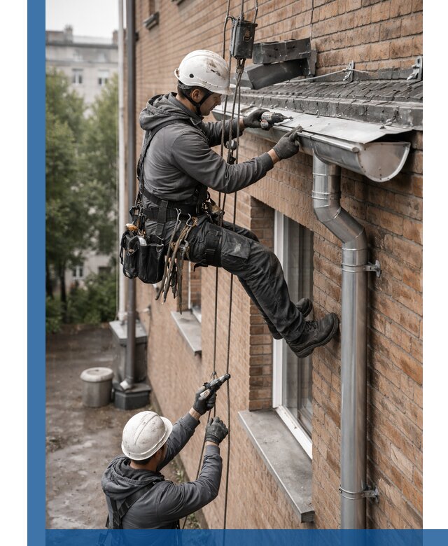 Монтаж водосточной системы на здании в Карабулаке под ключ