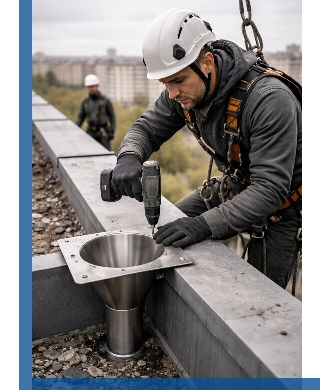 Монтаж водосточных воронок в Карабулаке для промышленных зданий