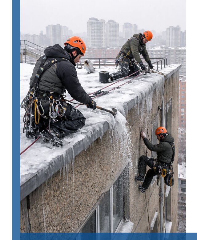 Удаление наледи с кровли в Карабулаке промышленными альпинистами