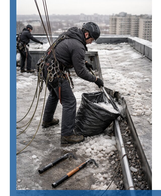 Аварийная очистка кровли в Карабулаке от промальпинистов