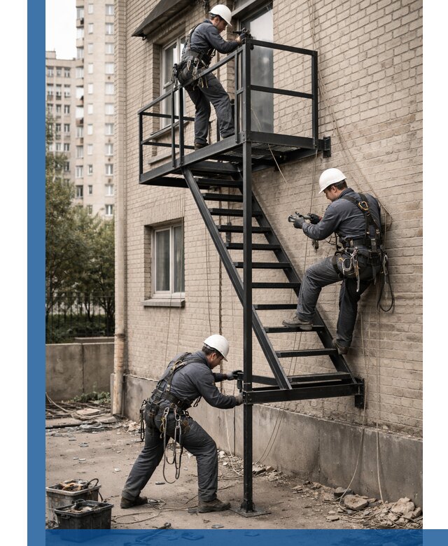 Монтаж пожарной лестницы в Карабулаке, установка и крепление