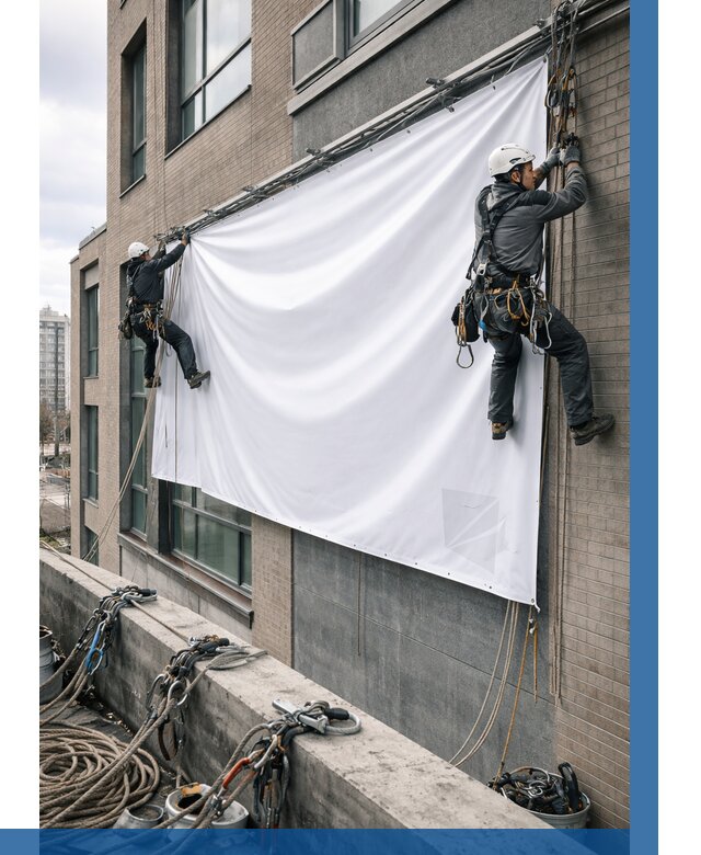 Монтаж баннеров на фасаде в Карабулаке от 671 р. заказать ВЫСОТНИК-Крб