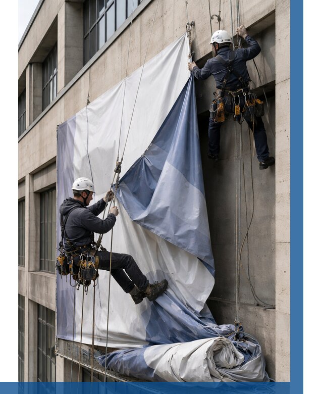 Демонтаж баннеров с фасада в Карабулаке от 4648 р. | ВЫСОТНИК-Крб