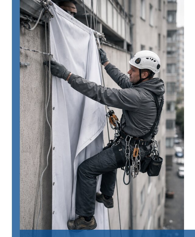 Замена баннерного полотна промышленными альпинистами в Карабулаке