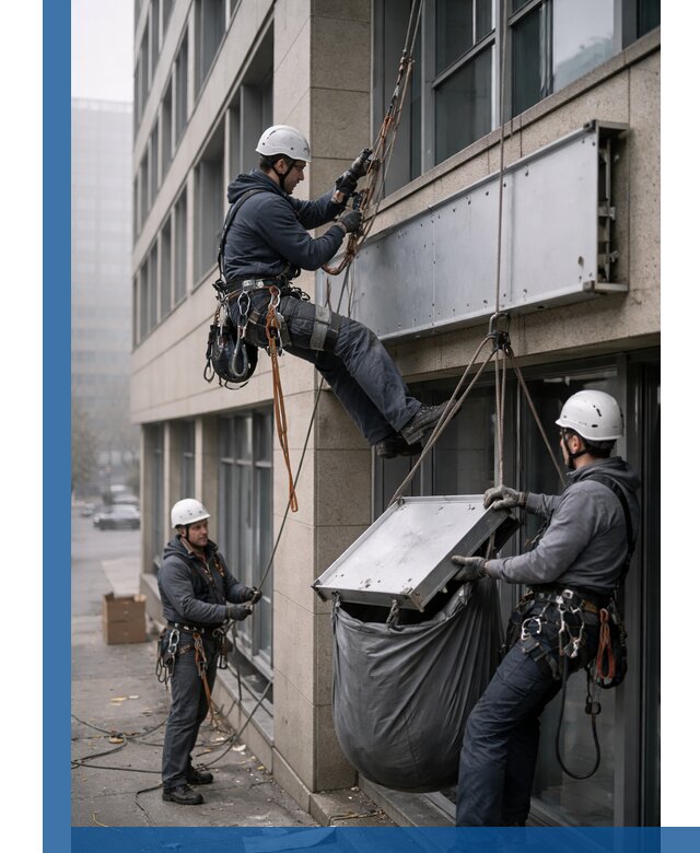 Демонтаж рекламной вывески с высотными работами в Карабулаке