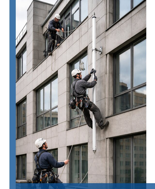 Монтаж флагштока на фасаде здания с креплением и герметикой в Карабулаке