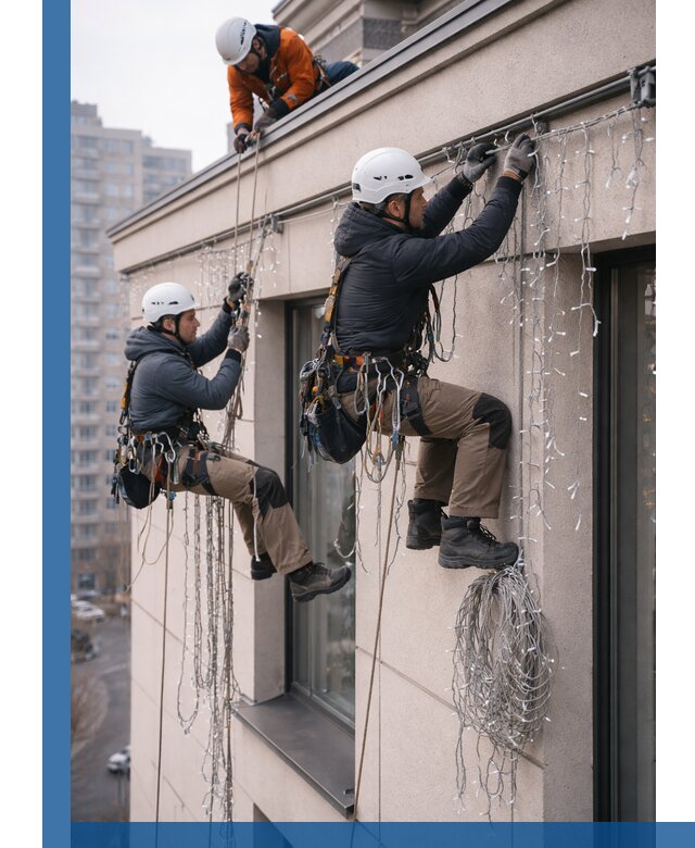 Монтаж праздничных гирлянд на фасаде в Карабулаке для зданий