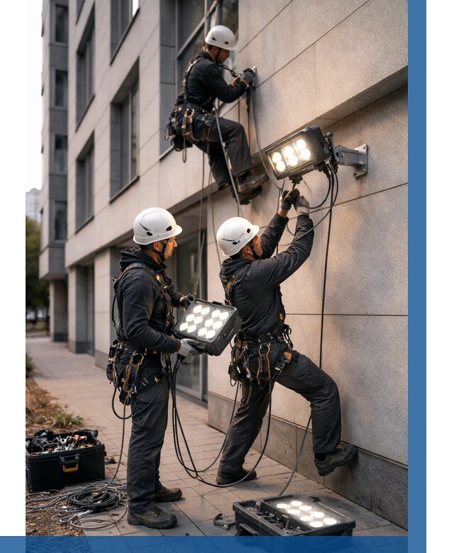 Монтаж прожекторов на фасаде в Карабулаке от 7747 р. | ВЫСОТНИК-Крб