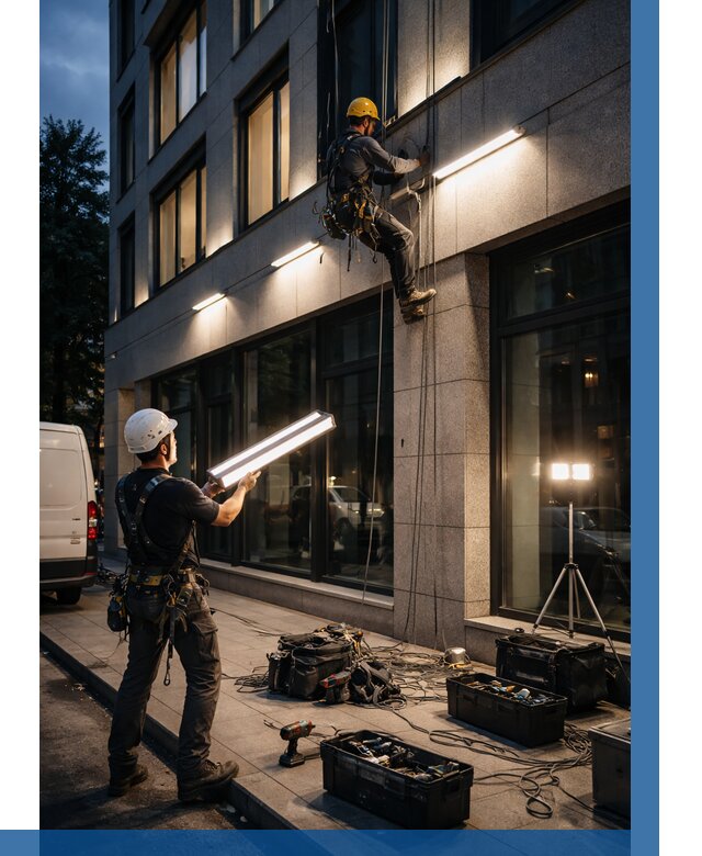 Монтаж архитектурной подсветки здания в Карабулаке от 2582 р.|ВЫСОТНИК-Крб