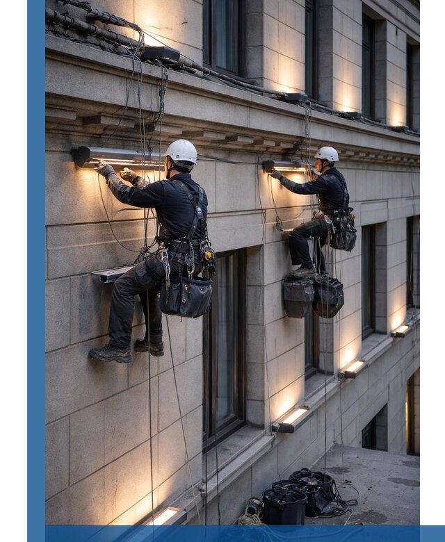 Монтаж архитектурной подсветки фасадов зданий в Карабулаке