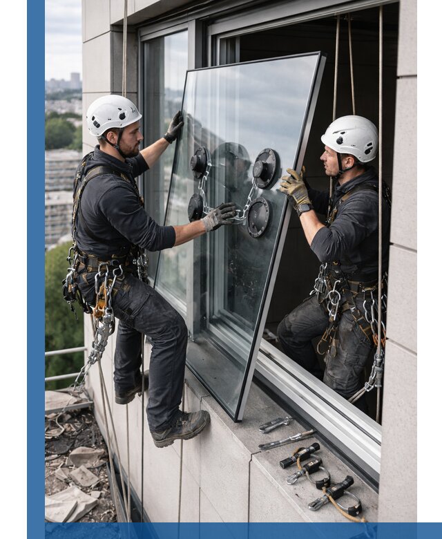 Замена стеклопакетов на высоте с промышленными альпинистами в Карабулаке