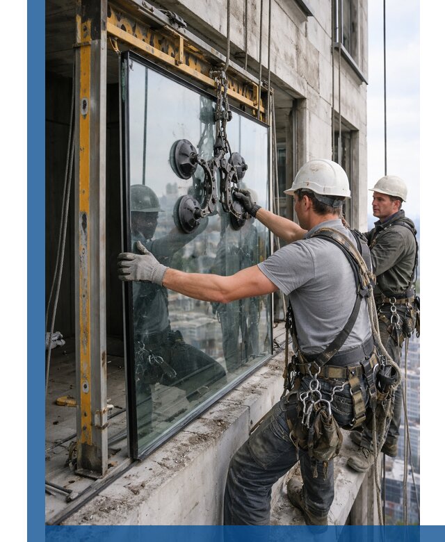Монтаж стеклопакетов на высоте в Карабулаке с промышленным альпинизмом