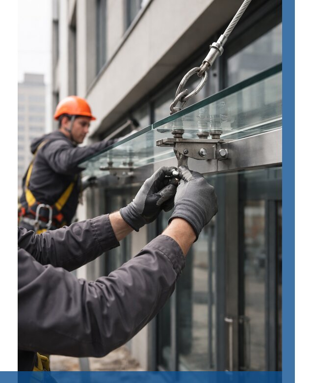 Монтаж стеклянных козырьков в Карабулаке от 8780 р. | ВЫСОТНИК-Крб