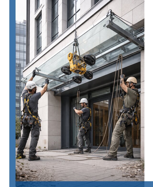 Монтаж стеклянных козырьков под ключ в Карабулаке для зданий