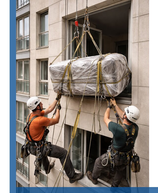 Подъем грузов через окно в Карабулаке промышленными альпинистами