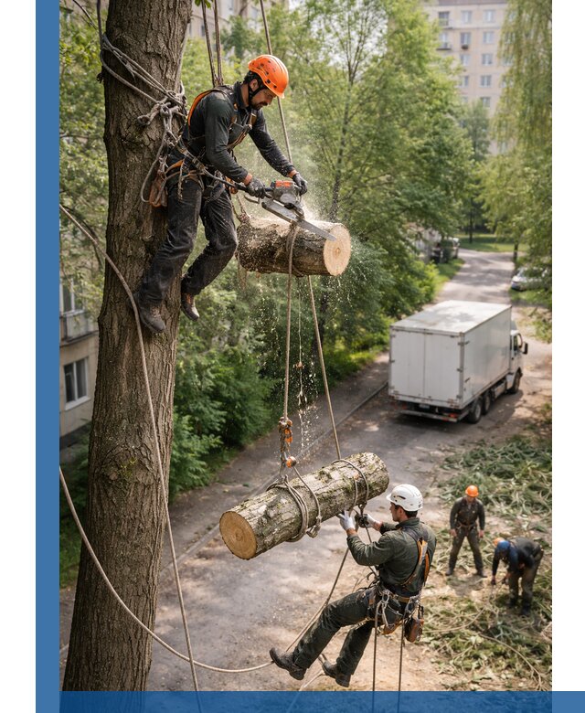 Спил деревьев альпинистами в Карабулаке, безопасно и без повреждений