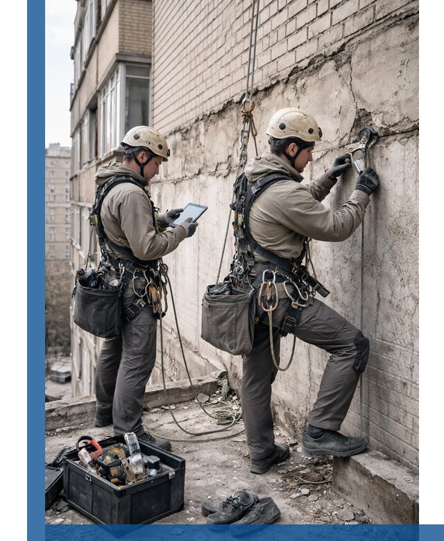 Обследование фасада промышленными альпинистами в Карабулаке